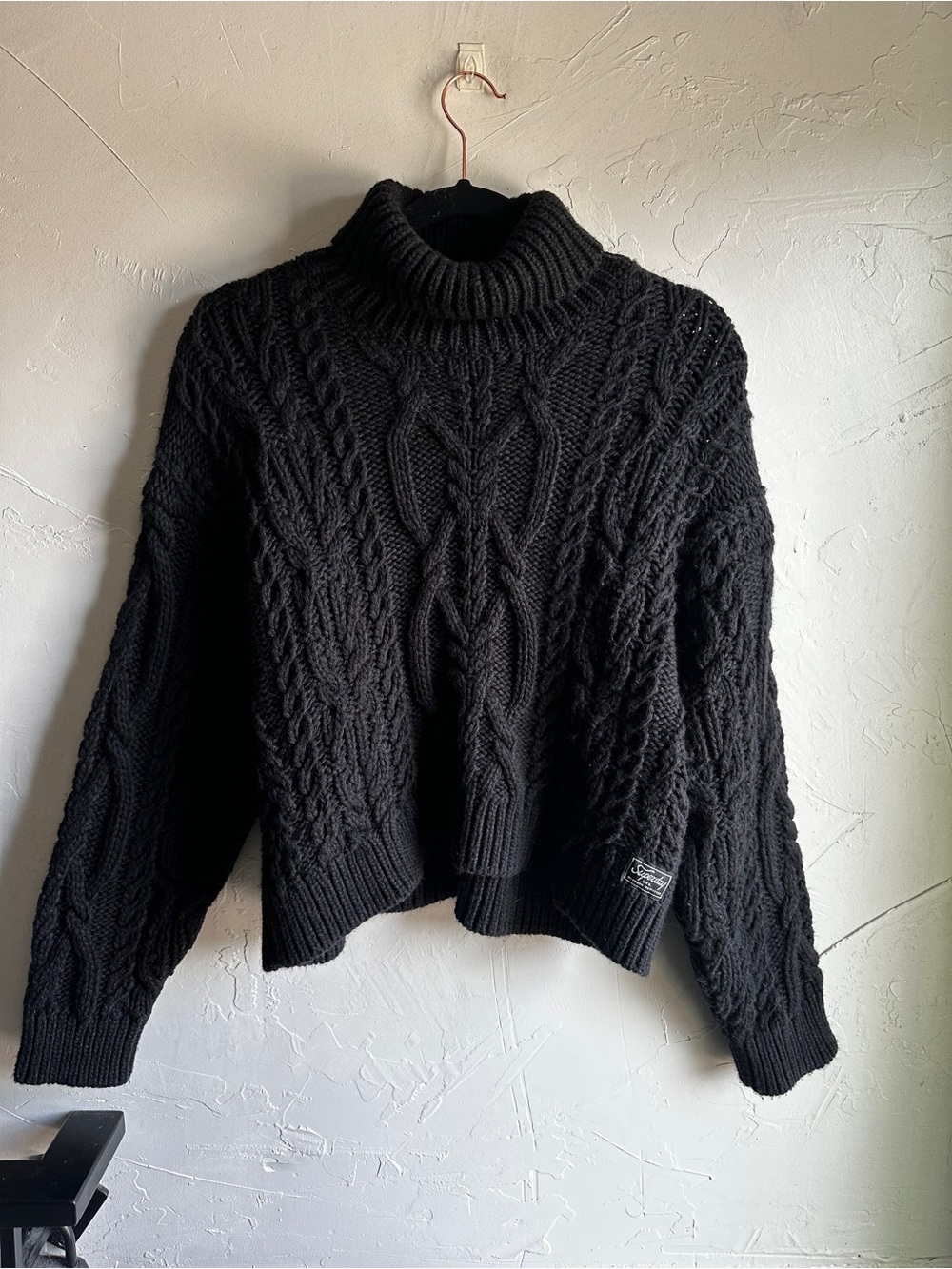 Superdry Black Cable Knit Turtleneck Sweater Cropped Chunky Fisherman Cozy Sz 6